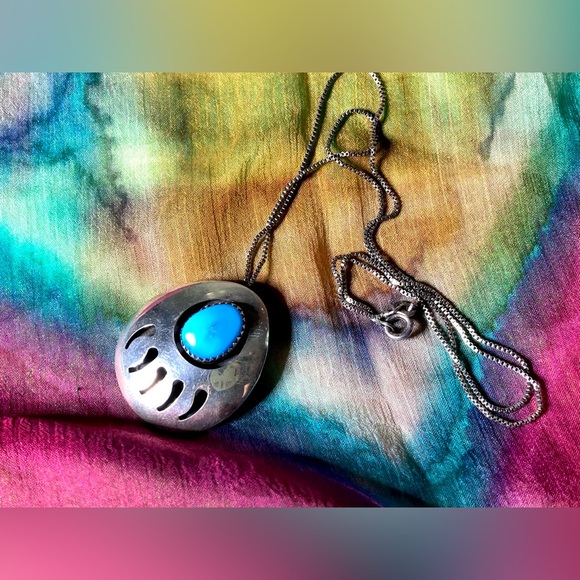 Vintage Native American Sterling Shadowbox Sleeping Beauty Turquoise Bear Paw - Picture 7 of 11